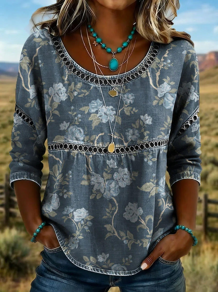 Women's Retro Casual Style Print Vintage Half Sleeves Shirt